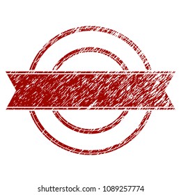 Ribbon circle frame grunge textured template. Vector draft element with grainy design and dust texture in red color. Designed for overlay watermarks and rubber seal imitations.