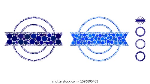 Ribbon circle frame mosaic of circle elements in various sizes and color tinges, based on ribbon circle frame icon. Vector round elements are grouped into blue mosaic.