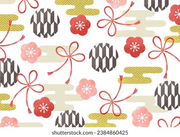 Ribbon and clouds watercolor Japanese pattern
