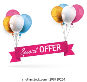 Ribbon with colored balloons and text Special Offer. Eps 10 vector file.