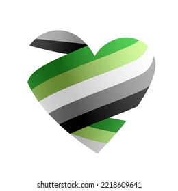 Ribbon in the colors of the flag of aromantic pride in the shape of a heart. A colorful logo of one of the LGBT flags. Sexual identification. Vector illustration on a white background.