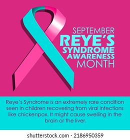 Ribbon in a combination of light blue and pink colors with bold text and sentences on a pink and blue background to commemorate Reye's Syndrome Awareness Month on September