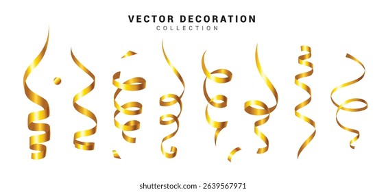 Ribbon confetti gold elements clipart set. Birthday element decoration clip art in twisted, curly, silk, swirl, yellow and metallic ornament collection vector illustration. 
