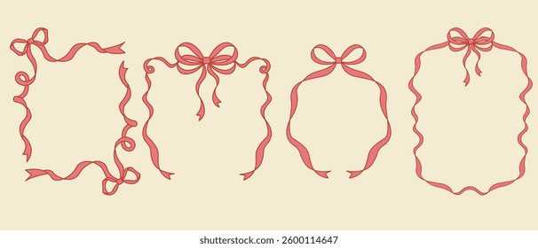 Ribbon coquette borders in a hand-drawn vintage style. A trendy and elegant ribbon and bow frame. Vector cute doodle elements for decorating greeting cards and invitations