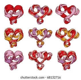 Ribbon created hand drawn vintage hearts set