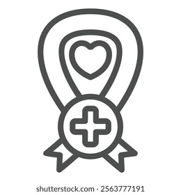 Ribbon with cross line icon, ambulance service concept. Vector graphics. Cancer silk tape with heart, plus sign on white background, outline style icon for mobile or web design