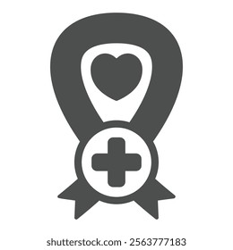 Ribbon with cross solid icon, ambulance service concept. Vector graphics. Cancer silk tape with heart, plus sign on white background, glyph style icon for mobile or web design