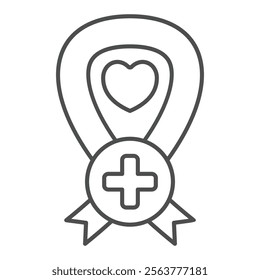 Ribbon with cross thin line icon, ambulance service concept. Vector graphics. Cancer silk tape with heart, plus sign on white background, outline style icon for mobile or web design