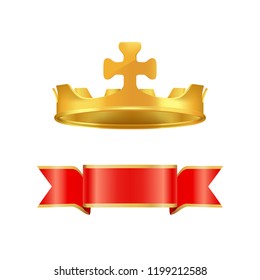 Ribbon and crown with cross on center. Banner with yellow edges and round gold coronet. Precious corona icon of queen or princess isolated vector