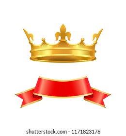 Ribbon and crown icons set closeup. Coronet made of gold with cross and decorative elements. Empty red banner with yellow edges isolated on vector