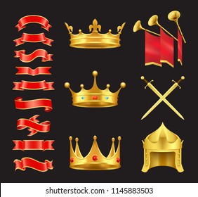 Ribbon and crowns swords icons set. Swirled banners with royal signs of power. Coronet with diamonds trumpets and red solemn flags isolated on vector