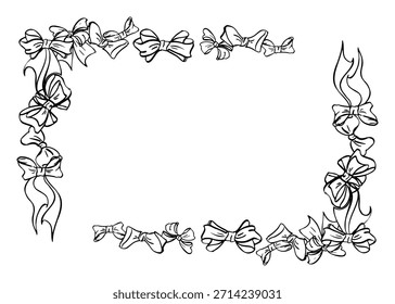 Rizos de cinta y lazos elegantes que perfilan el borde del rectángulo. Ilustración vectorial dibujada a mano en pluma y tinta. Papelería de Boda, invitación de vacaciones, Plantilla imprimible de celebración, decoración del día de las madres.