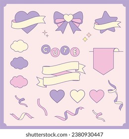 Ribbon Cute kawaii label element. Purple cute elements set vector illustration, star, label, heart, ribbon, flag