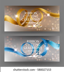 Ribbon cutting ceremony banners with curly satin ribbons and scissors. Vector illustration
