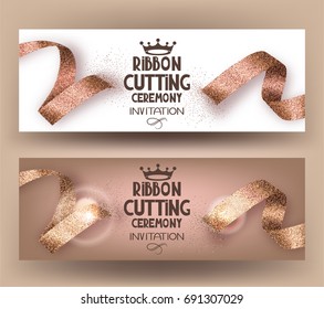 Ribbon cutting ceremony banners with sparkling beige ribbons. Vector illustration