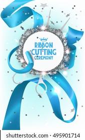 Ribbon cutting ceremony with blue satin ribbon, scissors and silver sparkling frame. Vector illustration