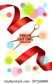 Ribbon cutting ceremony card with scissors red ribbons and blur background
