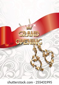Ribbon cutting ceremony card with scissors,red ribbon and floral design elements 
