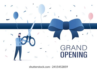 Ceremonia de corte de cinta, empresario con tijeras gigantes. Empresario iniciando proyecto de negocio, lanzando nuevo producto, gran evento de apertura. Inicio. Banner horizontal. Ilustración del vector