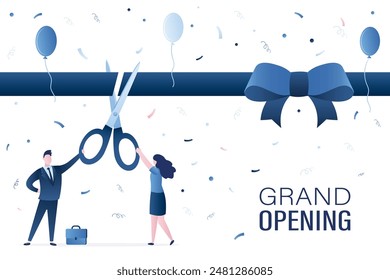 Ceremonia de corte de cinta, los empresarios usan tijeras gigantes. Empresarios que inician proyecto de negocios, lanzan nuevo producto, gran evento de apertura. Inicio de inicio. Horizontal Anuncio. Vector plano