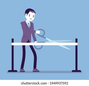 Ribbon cutting ceremony with giant scissors by young businessman. Man starting business, launching new products, project opening event or commercial promotion. Vector creative stylized illustration