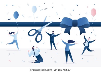 Ribbon cutting ceremony, huge scissors cut tape. Business people starting new project. Grand opening event party. Startup launching. Happy colleagues or employees celebrating. Flat vector illustration