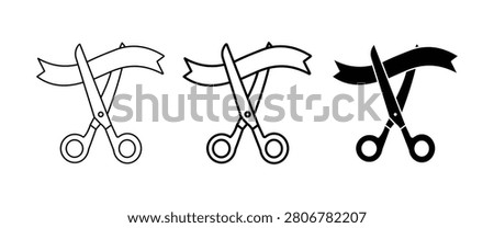 Ribbon Cutting Ceremony Icon Set  Grand Opening Scissors, Ceremonial Ribbon, Inauguration Event, Celebration Symbol, Outline  Silhouette Vector Collection