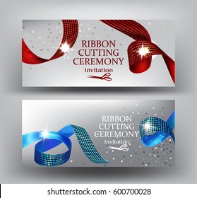 Ribbon cutting ceremony invitation banners with curly red and blue with print ribbons. Vector illustration