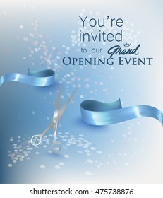 Ribbon Cutting Ceremony Invitation Card With Blue Cut Ribbon And Scissors