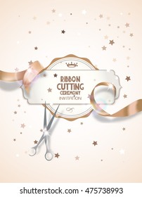 Ribbon cutting ceremony invitation card with beige silk ribbon, scissors and star shaped confetti
