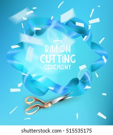 Ribbon cutting ceremony invitation card with blue ribbon, scissors and white flying confetti. Vector illustration