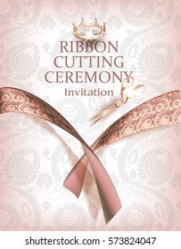 Ribbon cutting ceremony invitation card with cut beige ribbon with floral print and scissors. Vector illustration