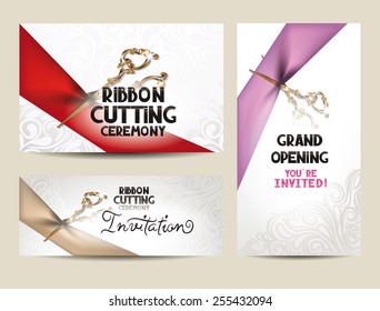 Ribbon cutting ceremony invitation cards with scissors and silk ribbons