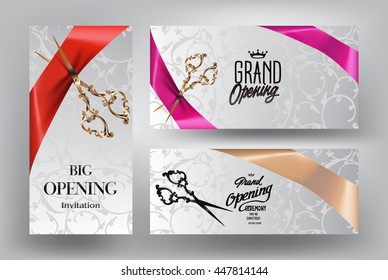 Ribbon cutting ceremony invitation cards with scissors and silk ribbons