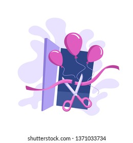 Ribbon cutting opening ceremony - scissors, wavy ribbon, open door and air balloons - vector isolated concept