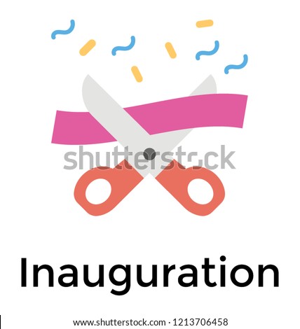 Ribbon cutting with scissor, inauguration flat icon 