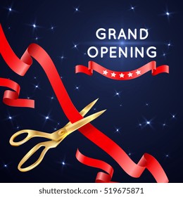 Ribbon cutting with scissors grand opening vector poster.