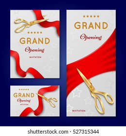 Ribbon cutting with scissors grand opening ceremony vector invitation cards, banners.