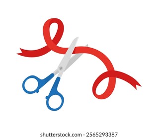 Ribbon cutting scissors. Red banner cut scissor. Opening ceremony, inauguration new building, office, business, store isolated neoteric vector decorative element