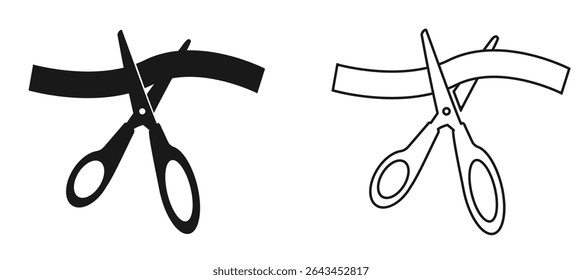 Tesoura de corte de fita. Aparar silhuetas pretas sobre fundo branco. Logotipo de costura plana. Divisão de fita. Símbolo de alfaiate. Corte da faixa da cerimônia. Separação com cortadores. Ferramenta Corte. Definição de ícones de linha de vetor