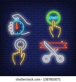 Ribbon cutting, switching on, start and stop watch neon signs set. Racing, business startup design. Night bright neon sign, colorful billboard, light banner. Vector illustration in neon style.
