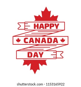 A ribbon design with a Happy Canada Day greating featuring maple leaf icons.