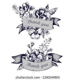 Ribbon design of heartseases and herbs with thank you sing. Hand drawn vector illustration