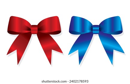  Ribbon design. Realistic bow set.  Shiny red, blue, gold, black satin bow on white background. Colorful realistic satin bows isolated on white background.