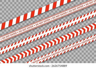 Design de fita com fita de advertência vermelha e linha de polícia para conceito de zona de perigo na área da cena do crime com vetor de fundo de faixa isolado no sinal de cuidado branco e proteção de barreira de segurança

