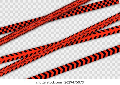 Ribbon design with red warning tape and police line for danger zone concept in crime scene area with stripe background vector isolated on white caution sign and safety barrier protection


