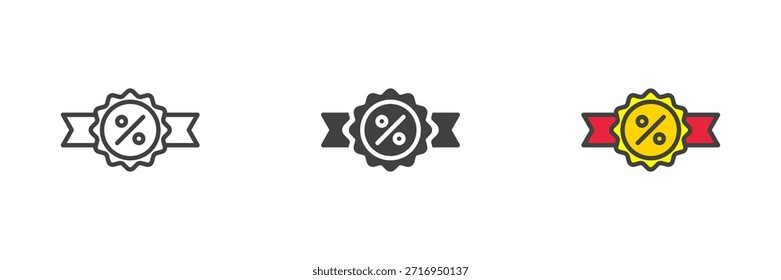 Conjunto de iconos de estilo diferente de etiqueta de descuento de cinta. Icono colorido de línea, contorno sólido y relleno, signo y símbolo de Vector. Icono de cinta de venta para promoción.