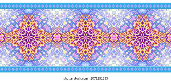 Ribbon with eastern folk decoration. Asian ethnic royal ornament. Rich decorated seamless pattern. Print for fabric, wallpaper and textile. Beautiful ornate background. Vector illustration.