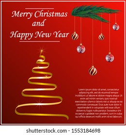 Ribbon elegant Christmas tree and christmas balls, New Year decorations. Celebrate the holiday, illustration for postcards, banner. On the spruce branch are Christmas balls.
