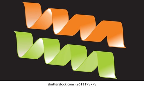 Ribbon elements. Rolled orange and green satin ribbon rolls isolated on black background with clipping path for holiday and wedding card confetti design decoration.